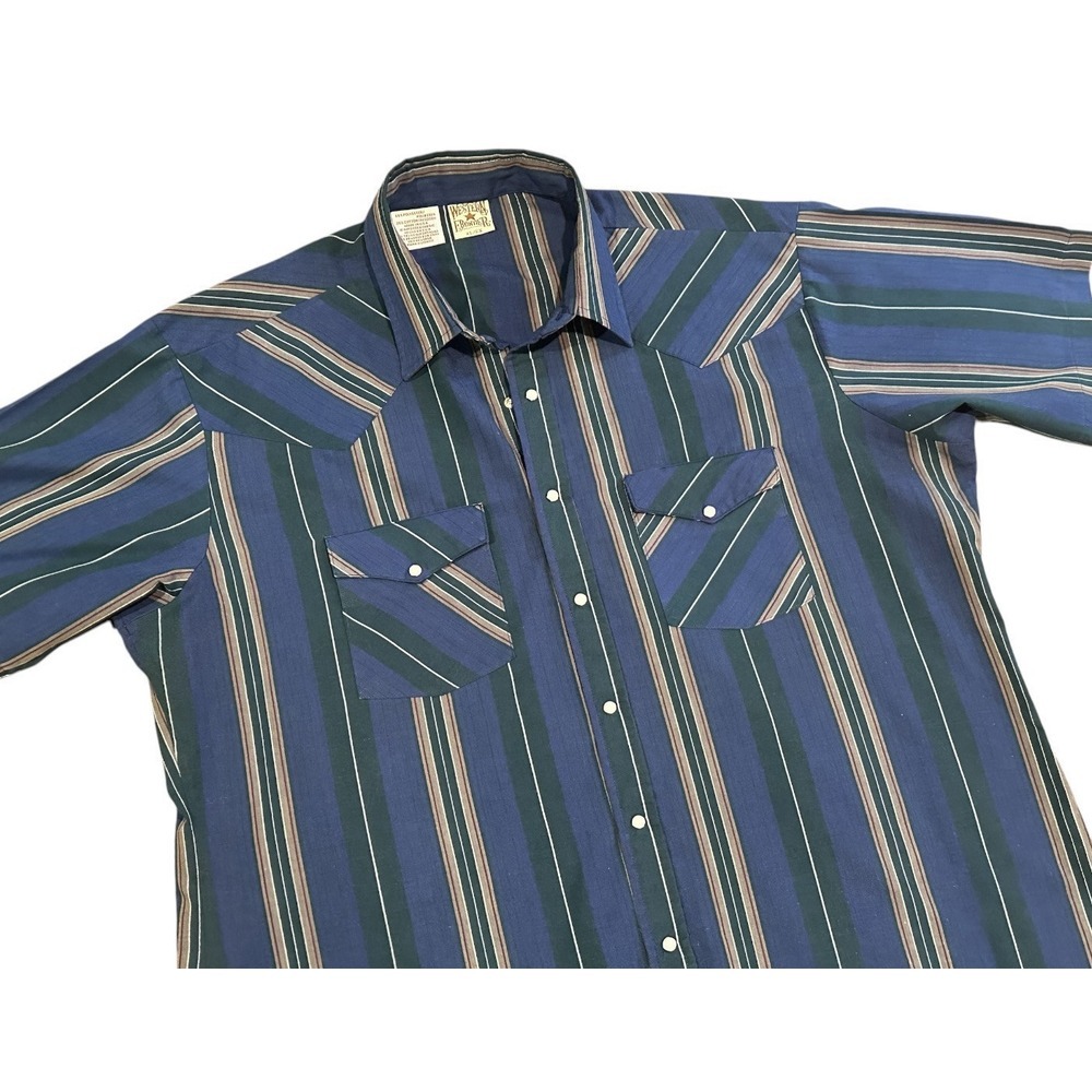 Western Frontier Men's XL Pearl Snap Shirt Blue Stripe SS Rodeo VTG MT11
